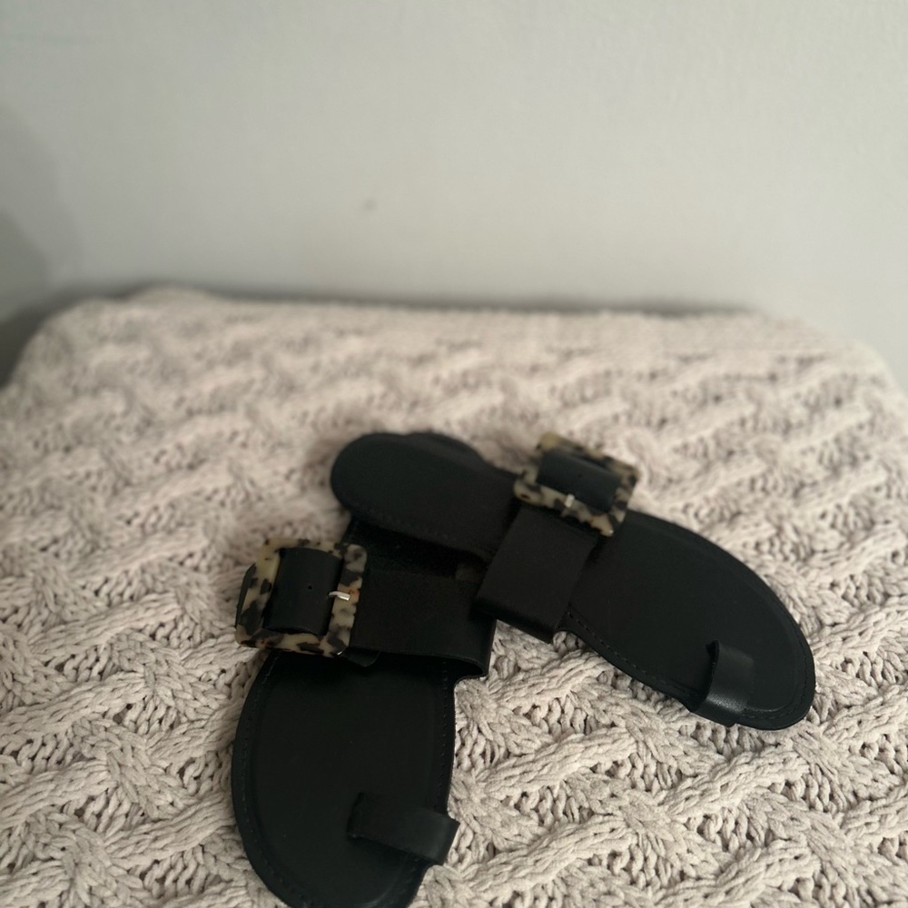 Zara leather flats, black with leopard buckle.